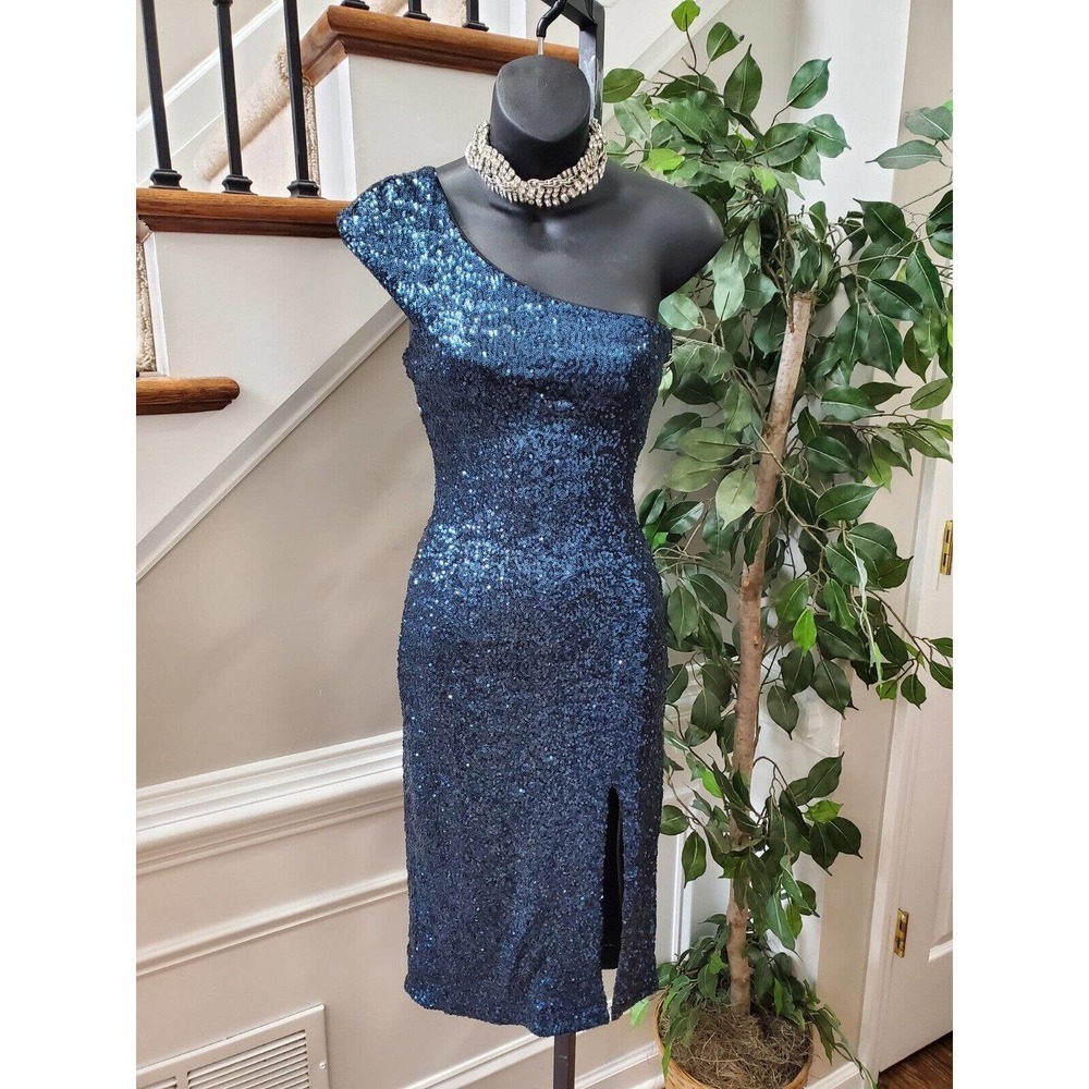Allen Schwartz Women Blue Sequin Nylon One Shoulder Knee Length Dress X-Small